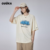 古由卡（GUUKA）潮牌艺术胶印纯棉短袖T恤男夏新款 美式休闲吸湿透气宽松上衣百搭 奶黄