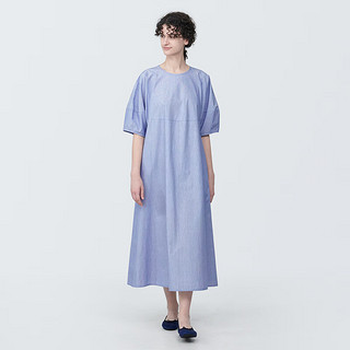 无印良品（MUJI）女式 凉感平纹套头短袖连衣裙女装裙子长裙纯棉BC2JBC4S 蓝色条纹 XS (150/76A)