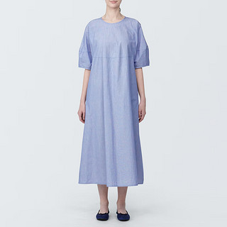 无印良品（MUJI）女式 凉感平纹套头短袖连衣裙女装裙子长裙纯棉BC2JBC4S 蓝色条纹 S (155/80A)