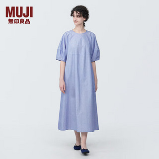 无印良品（MUJI）女式 凉感平纹套头短袖连衣裙女装裙子长裙纯棉BC2JBC4S 蓝色条纹 S (155/80A)