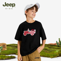 Jeep吉普童装儿童短袖T恤2024年夏季男女童洋气宽松运动休闲圆领上衣 黑色 160cm 【身高155-165】