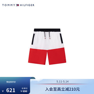 TOMMY HILFIGER24春夏童装男拼色织带贴袋撞色抽绳运动短裤TH2222005 红白拼色001 12/150cm