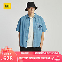 CAT卡特24春夏季男士休闲单胸袋设计靛蓝牛仔衬衫短袖衬衫外套 靛蓝色 M