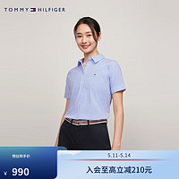 TOMMY HILFIGER 24春夏女装弹力府绸小绣标职场通勤宽松短袖衬衫41622 蓝白条纹03K 38（L）