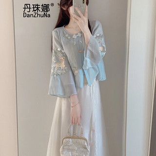 新中式连衣裙女装2024夏季新款国风套装绝美汉服改良版长裙子夏天 蓝色上衣+白色裙子