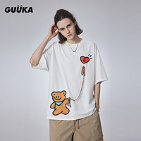 GUUKA 古由卡 xAGAHO联名小熊休闲短袖T恤男夏新款潮 情侣多色童趣纯棉上衣宽松 白色F4643 L