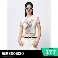 太平鸟动物印花网纱T恤女短袖2024夏新款修身短款透气辣妹小上衣
