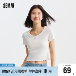 semir森马商场同款森马短袖t恤女短款木耳边温柔纯色2024夏新款紧身