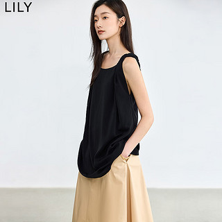 LILY2024夏季设计感前后两穿手工扭转肩带黑色宽松吊带雪纺衫 510黑色 S