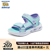 Skechers斯凯奇女童夏魔术贴公主闪灯鞋儿童轻便休闲露趾凉鞋303024L 浅蓝色/薰衣草色/LBLV 35码