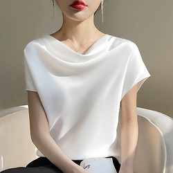 2024夏季新短款女法式領氣質T恤簡約短袖上衣 奶白色 L