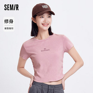 森马（Semir）短袖T恤女短款做旧潮酷2024夏季修身字母上衣 玫红60167 165/88A/L