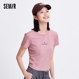 森马（Semir）短袖T恤女短款做旧潮酷2024夏季修身字母上衣 玫红60167 165/88A/L