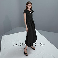 3COLOUR 三彩 设计感小黑裙V领不对称连衣裙极简风长裙女