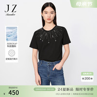 玖姿·安娜蔻花漾星辰简约珠片钉珠宽松棉落肩上衣T恤女2024夏新款 经典黑
