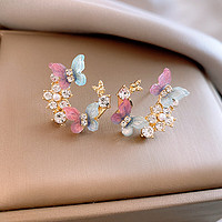 Trendolla 銀針小清新鑲鉆珍珠蝴蝶耳釘小眾時尚耳環文藝輕奢感耳飾