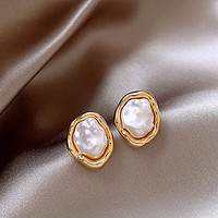 Trendolla 銀針不規則褶皺珍珠耳釘韓國復古設計感耳環簡約百搭感耳飾女