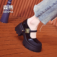 Semir 森马 SENMA/森马7cm漆皮时尚方头单鞋女百搭粗跟高跟鞋厚底玛丽珍鞋