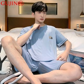古今 GUJIN@男士睡衣夏季薄款格子短袖宽松短裤夏天家居服大码两件套装