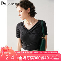 帕罗（PALUOPO）纯色莫代尔v领短袖t恤女交叠领打底衫24春夏上装性感半袖衣服 黑色 M(160/84A)