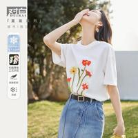 夏装简约宽松浪漫撞色花朵印花女式短袖T恤