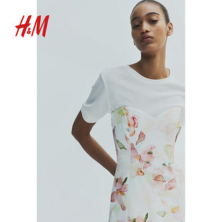 H&M女装2024春季中长款休闲时尚亚麻混纺抹胸连衣裙1221741 白色/花卉 155/76