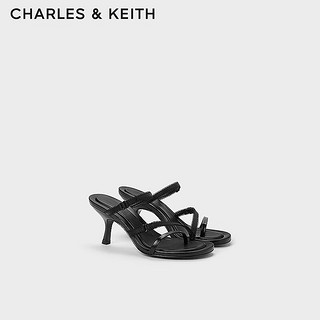 CHARLES&KEITH24夏季法式缎带高跟凉鞋露趾凉拖CK1-60920377 BLACK TEXTURED黑色纹理 36