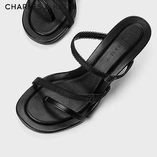 CHARLES&KEITH24夏季法式缎带高跟凉鞋露趾凉拖CK1-60920377 BLACK TEXTURED黑色纹理 36