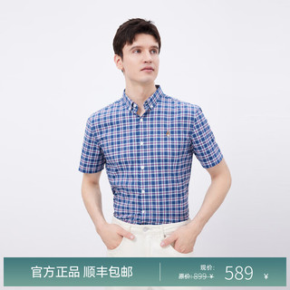 Hush Puppies暇步士男装夏季撞色格纹领尖扣短袖衬衫 中蓝 L