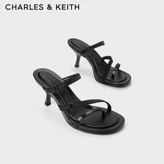 CHARLES&KEITH24夏季法式缎带高跟凉鞋露趾凉拖CK1-60920377 BLACK TEXTURED黑色纹理 37