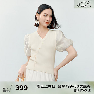 伊芙丽（eifini）伊芙丽新中式国风假两件网纱V领设计感针织衫女2024夏装 米色发 155/80CM/S
