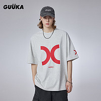 古由卡（GUUKA）潮牌多色休闲短袖T恤男夏潮 美式重磅纯棉上衣宽松易穿搭 浅花灰F7990 XL