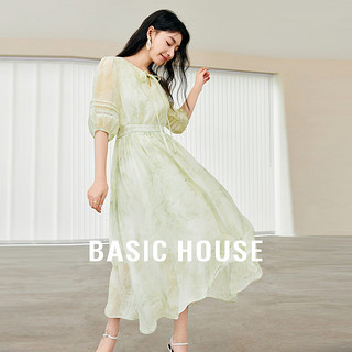 百家好（Basic House）印花天丝连衣裙夏季温柔风系带领长裙收腰B0624H5X972 花绿色 S