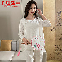 上海故事冰丝睡衣女士中袖2024夏季冰雪丝云朵提花七分袖家居服套装 白色