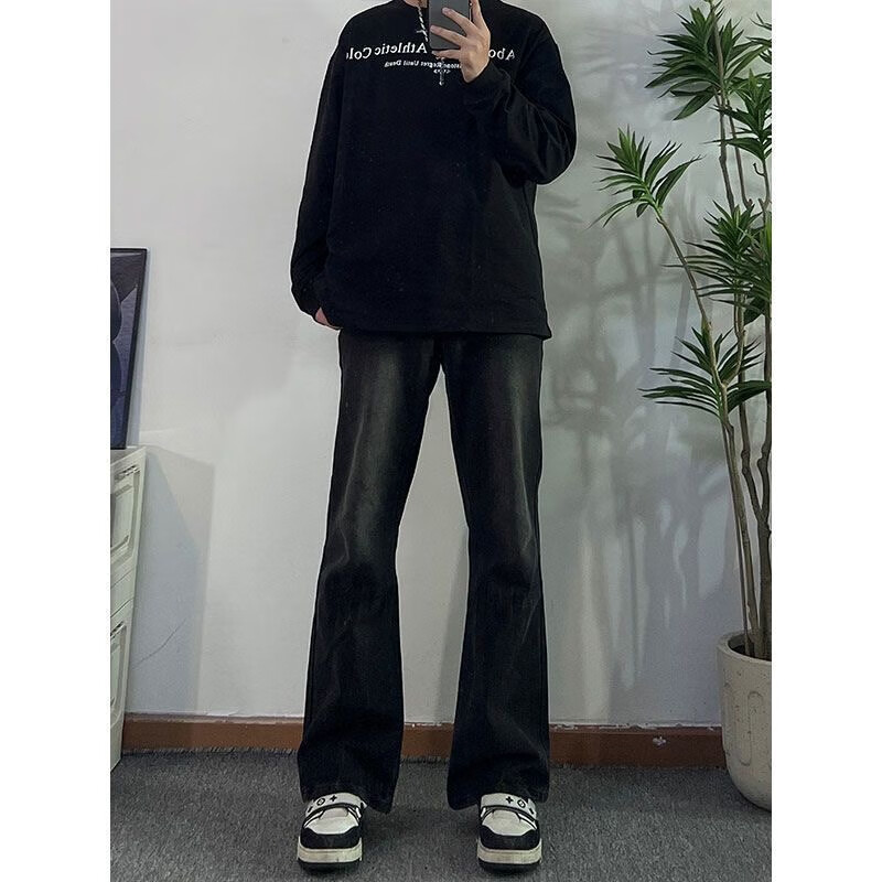 叄南 美式渐变微喇牛仔裤男春季潮牌宽松痞帅炸街加厚vibe裤子男 希757黑色 XL