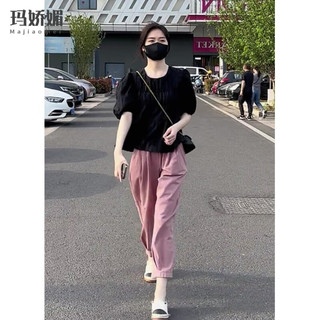 玛娇媚（Majiaomei）休闲裤女装2024年夏季小个子穿搭通勤百搭高腰工装九分裤子女 杏色上衣+卡其裤子 XL