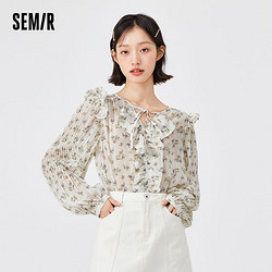 Semir 森馬 長袖襯衫女碎花雪紡溫柔荷葉邊春季新款初戀法式襯衣