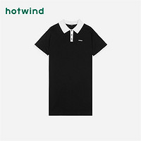百亿补贴：hotwind 热风 夏季新款女士撞色POLO领直身连衣裙黑色通勤短袖中长裙