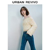 URBAN REVIVO UR2024春季新款女装休闲设计感一字领流苏短款针织衫UWL940022