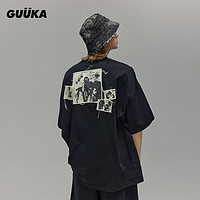 古由卡（GUUKA）LAB沙丘废土风水印印花短袖T恤男夏新款潮 时尚简约休闲上衣宽松 黑色