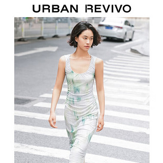 URBAN REVIVO 女士时尚薄荷曼波风收褶U领修身连衣裙 UWG740059 白绿印花 L