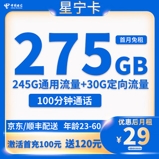 中国电信 星宁卡 2-13个月29元月租（275G全国流量+100分钟通话+首月免月租） 返20元E卡