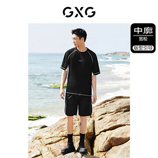 GXG男装    撞色拼接设计时尚复古圆领短袖T恤男上衣24年夏季 黑色 185/XXL