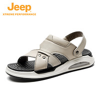Jeep 吉普 夏季潮流牛皮涼拖休閑氣墊防滑舒適沙灘鞋外穿男款涼鞋