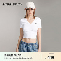 ISS SIXTY2024夏季新款短袖T恤女V领撞色印花微弹修身显瘦休闲