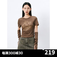 太平鸟辣妹T恤女短袖带袖套夏修身短款小上衣美式复古废土风 棕色 M