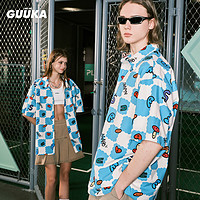 古由卡（GUUKA）xAGAHO联名夏威夷风短袖衬衫男春夏潮 时尚百搭上衣宽松 蓝绿 XL