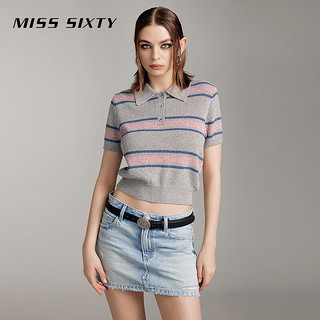 MISS SIXTY2024夏季针织衫女polo领短袖短款拼色休闲上衣 灰色 XS