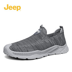 Jeep 吉普 网面跑步鞋男士夏季透气慢跑鞋休闲运动鞋软底凉鞋 灰色 40