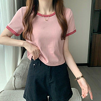 H 撞色圆领短袖T恤女2024新款夏季打底衫女韩版学生修身短款上衣Ins 粉红色 M